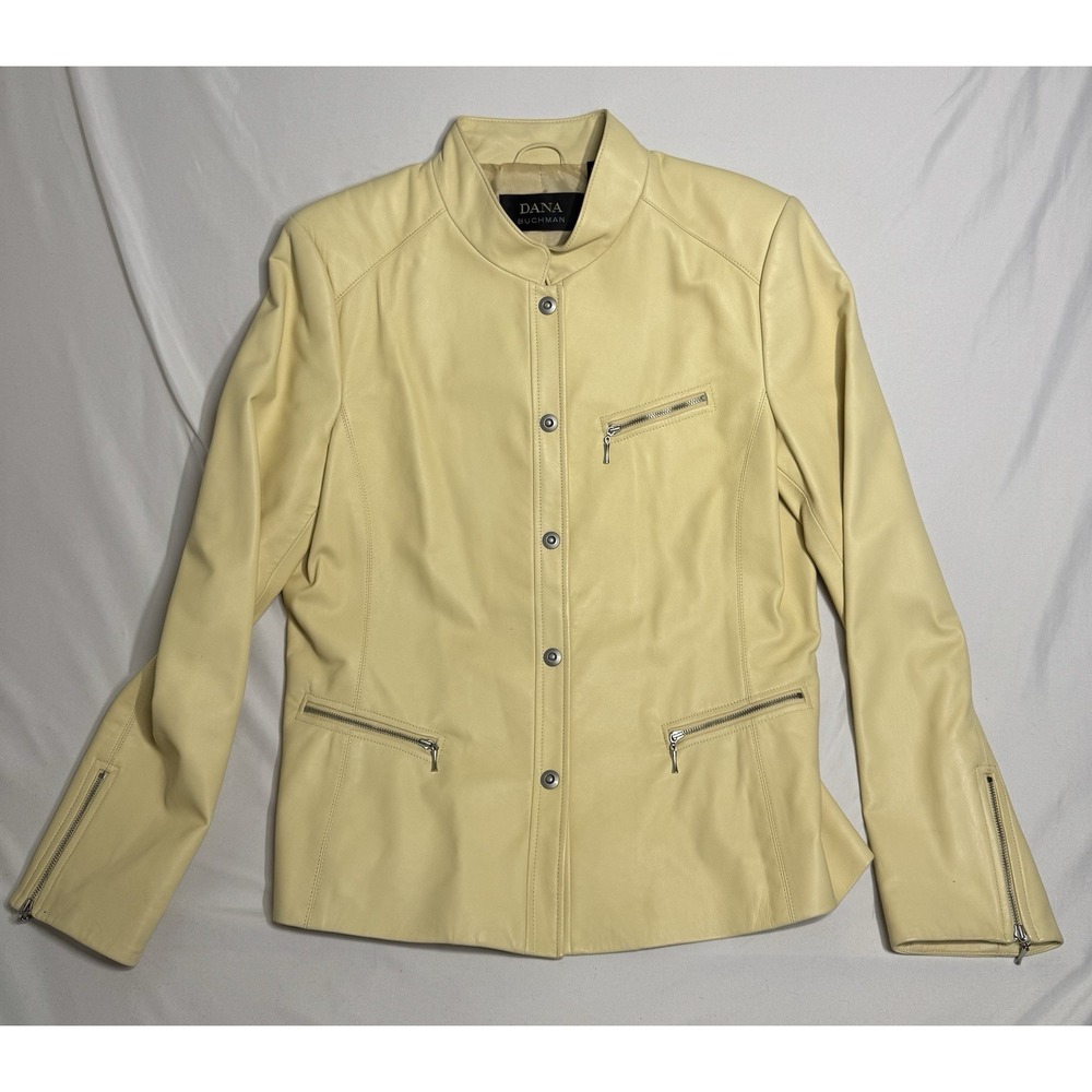 Dana Buchman Cream Genuine Leather Patent Trims Jacket Blazer Women's Size 12